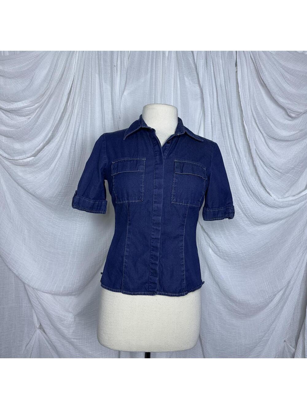 Y2k Minimalist Indie NY Jeans Dark Blue Cotton Denim Shirt XS